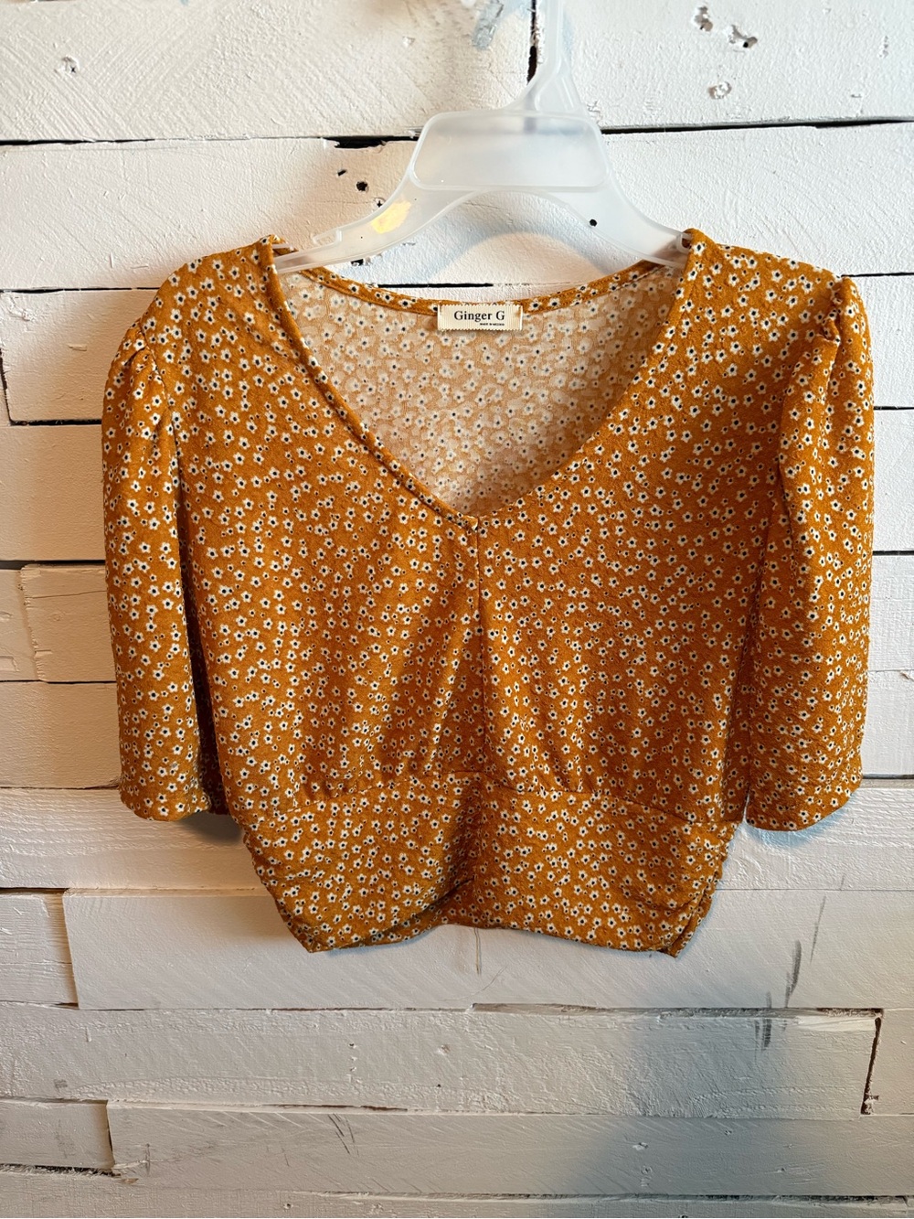 Ginger G Mustard Floral V-Neck Short Sleeve Blouse